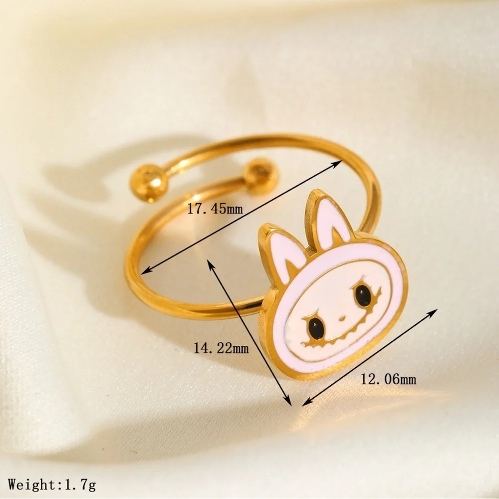 18K Gold Plated Light Pink Enamel Labubu Theme Ring No Fade Zimomo The Monsters